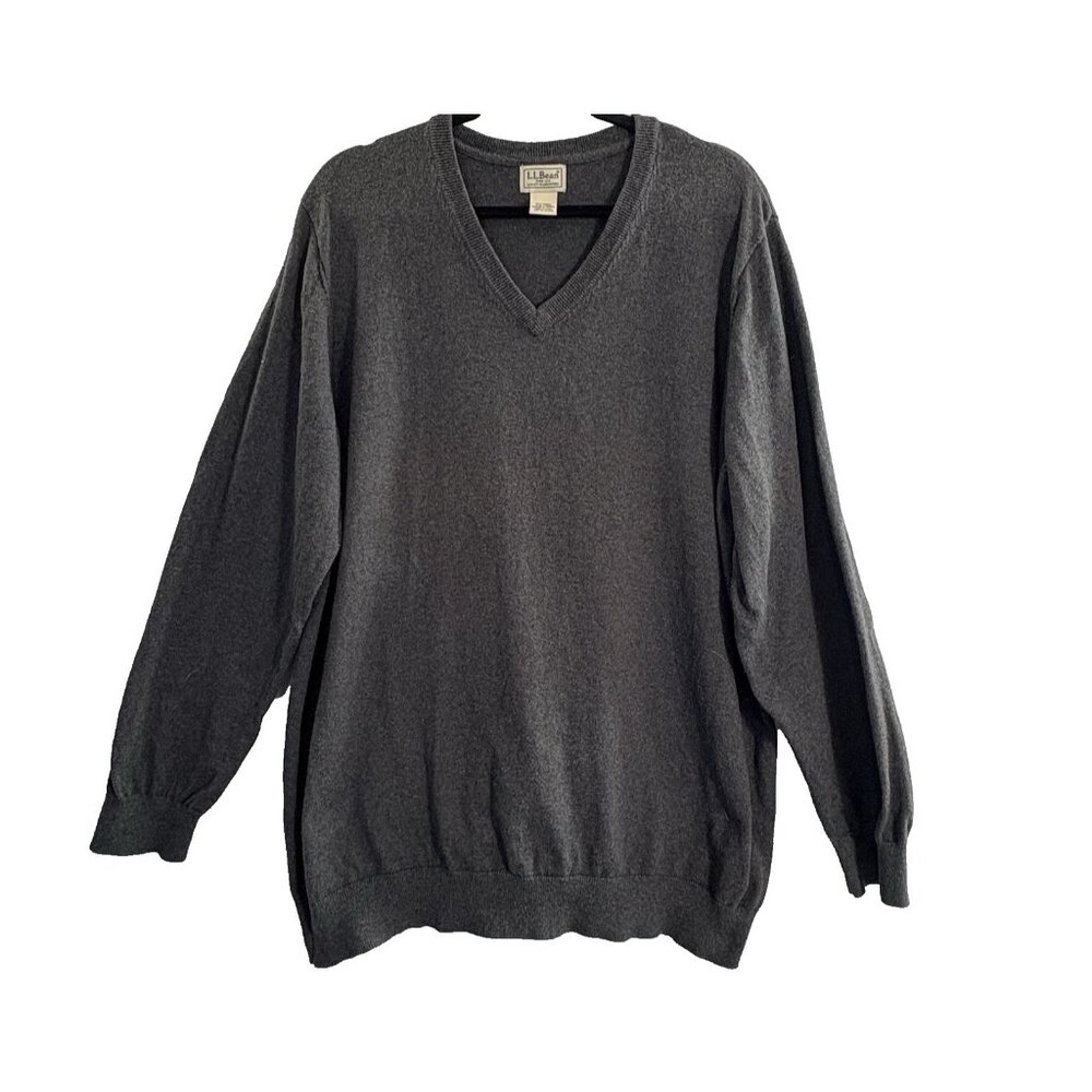 LL BEAN Men Pullover V Neck LS Cotton‎ Cashmere Sweater Sz XXL Tall Gray 22-7